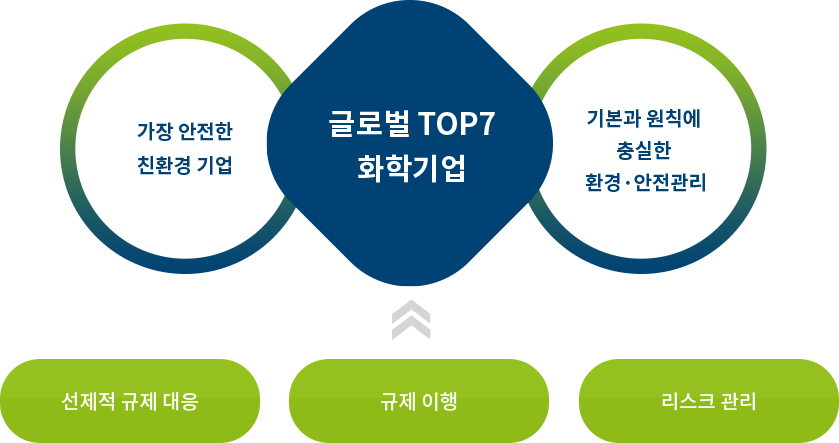 글로벌 TOP7 화학기업, 가장 안전한 친환경 기업, 기본과 원칙에 충실한 환경, 안전관리, 선제적 규제 대응,규제 이행, 리스크 관리